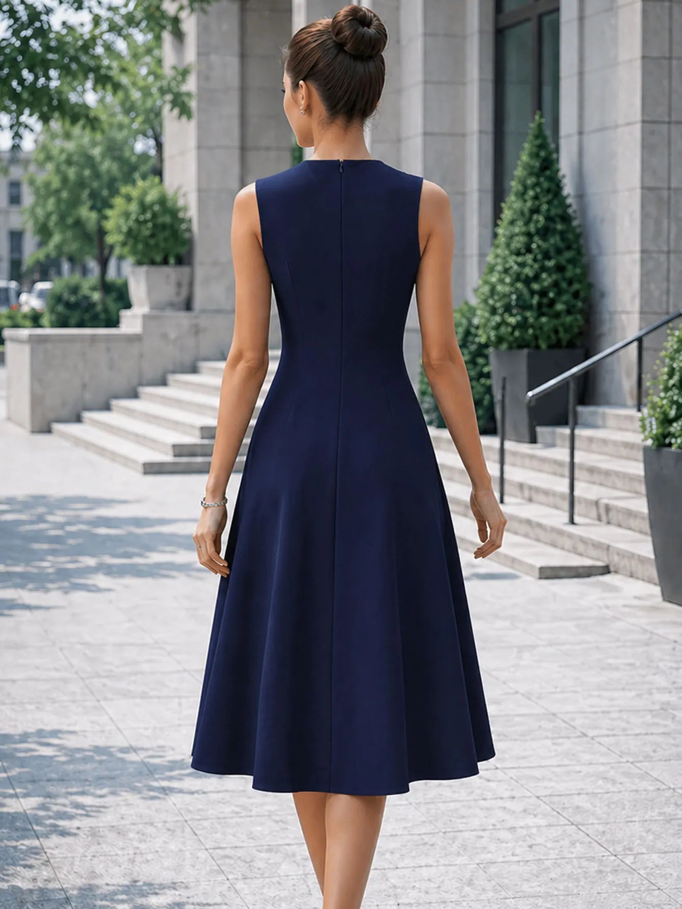 Women Elegant O-Neck Solid Sleeveless Summer Commute Mid-Calf Slim Ruffle Irregular Holiday Prom A-Line Dress