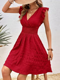 Elegant Directional Textured Fabric Waist-Tied A-Line Ruffled Sleeve Dress