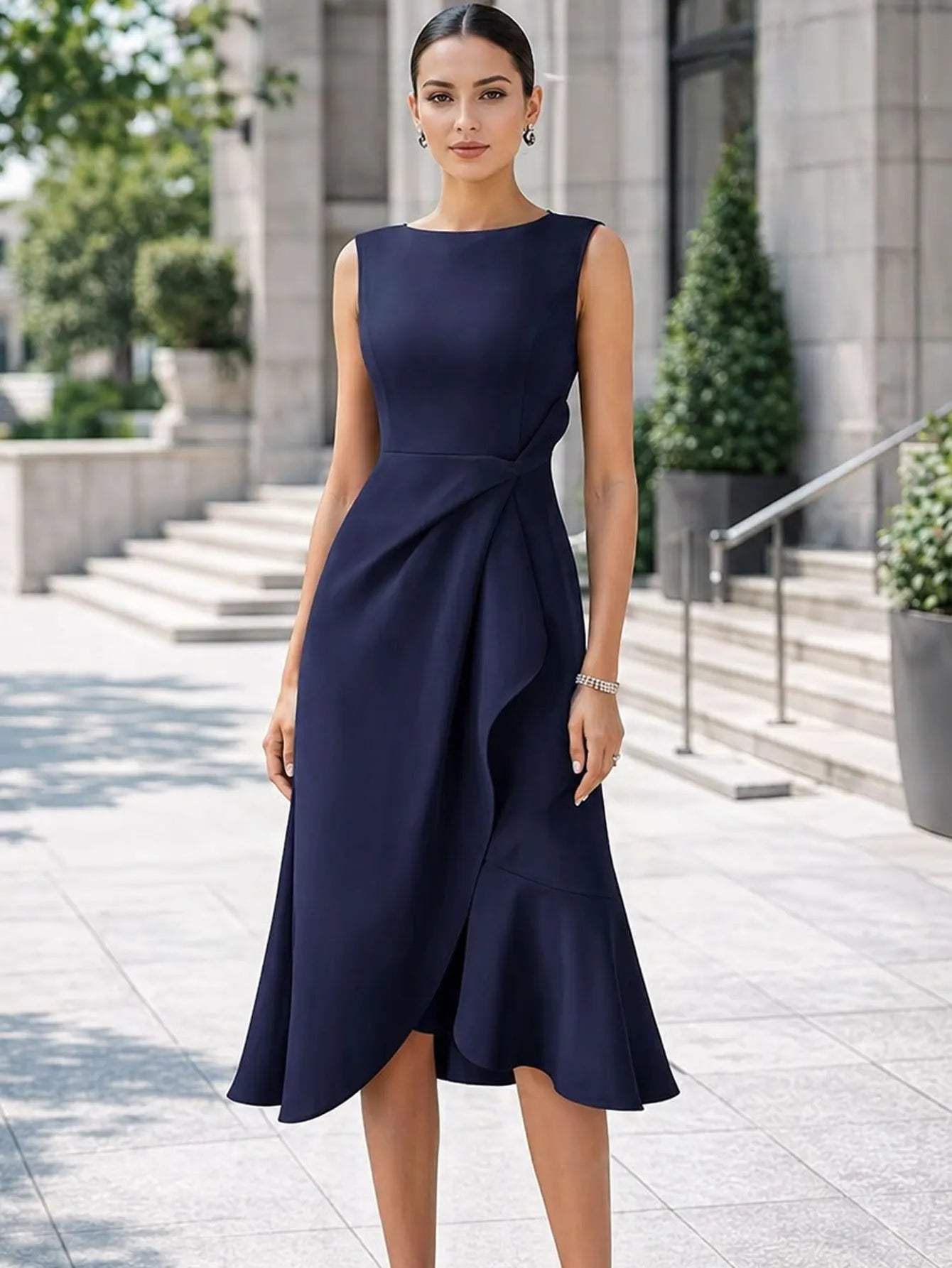 Women Elegant O-Neck Solid Sleeveless Summer Commute Mid-Calf Slim Ruffle Irregular Holiday Prom A-Line Dress