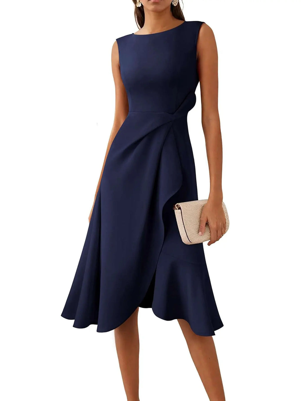 Women Elegant O-Neck Solid Sleeveless Summer Commute Mid-Calf Slim Ruffle Irregular Holiday Prom A-Line Dress