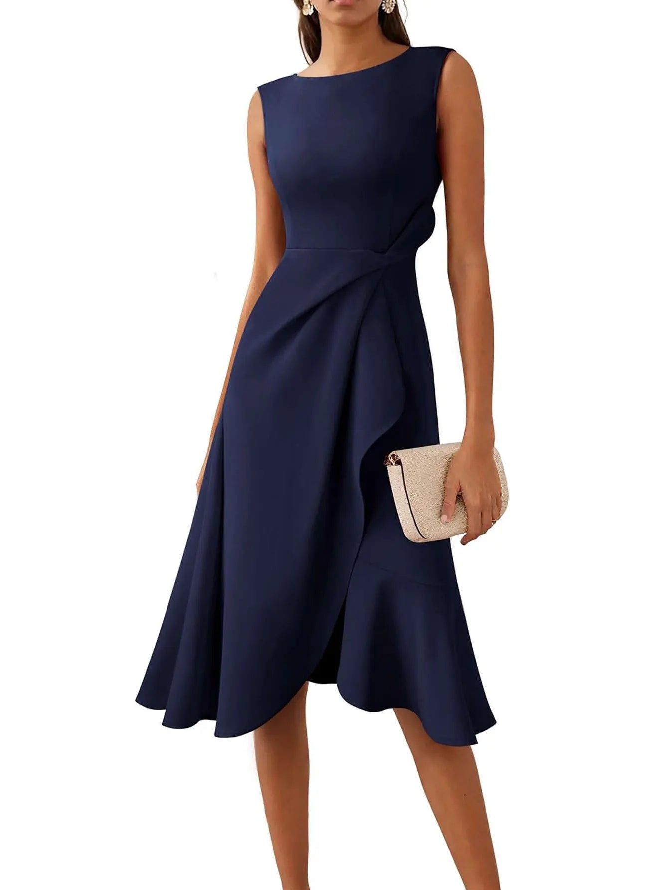 Women Elegant O-Neck Solid Sleeveless Summer Commute Mid-Calf Slim Ruffle Irregular Holiday Prom A-Line Dress